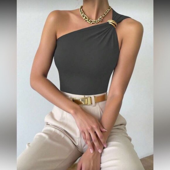 Elegant Khaki One-Shoulder Top - Picture 8 of 16
